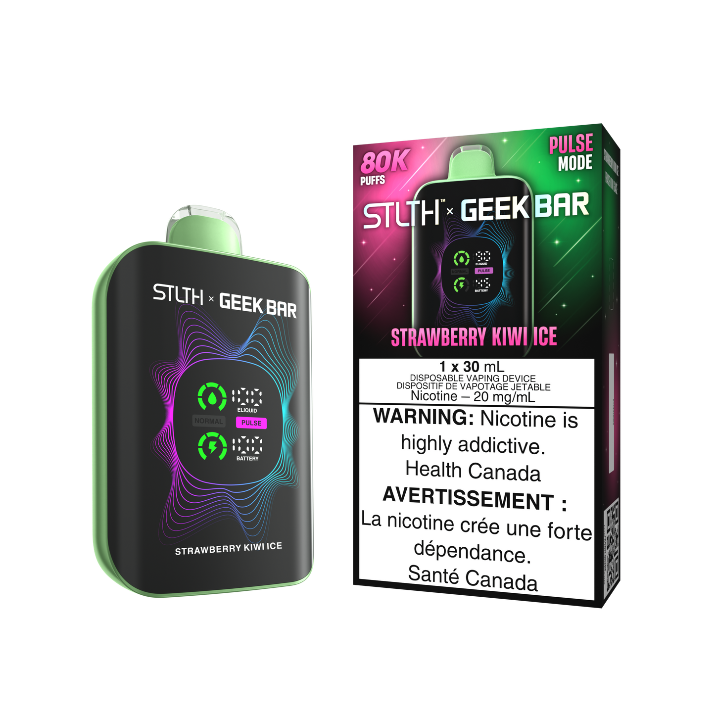 STLTH X Geekbar 80K Strawberry Kiwi Ice disposable vape – sweet strawberry and tart kiwi flavour, Quebec and Toronto.