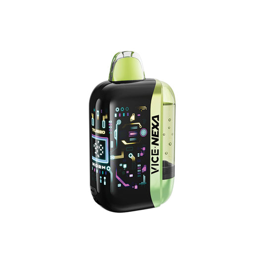 A VICE-NEXA disposable vape device with a black body, lime green accents, and a futuristic circuit board graphic on the side, shown against a plain white background.