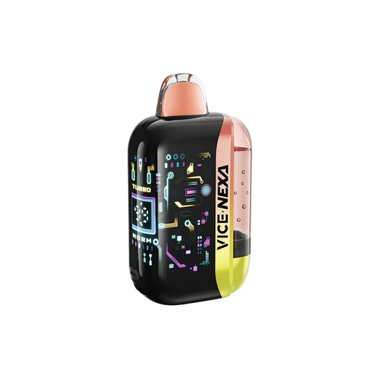 A VICE-NEXA disposable vape device with a black body, colorful digital circuit graphics, a metallic rose gold top mouthpiece, and a translucent pink-to-yellow side panel, shown on a plain white background.