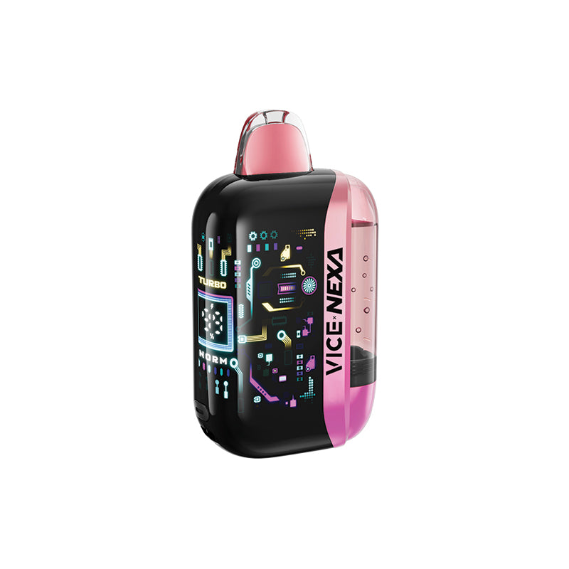 A VICE-NEXA disposable vape device with a black body, pink accents on the mouthpiece and side panel, and a colorful digital circuit graphic on the front.