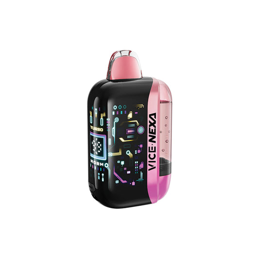 A VICE-NEXA disposable vape device with a black body, pink accents on the mouthpiece and side panel, and a colorful digital circuit graphic on the front.