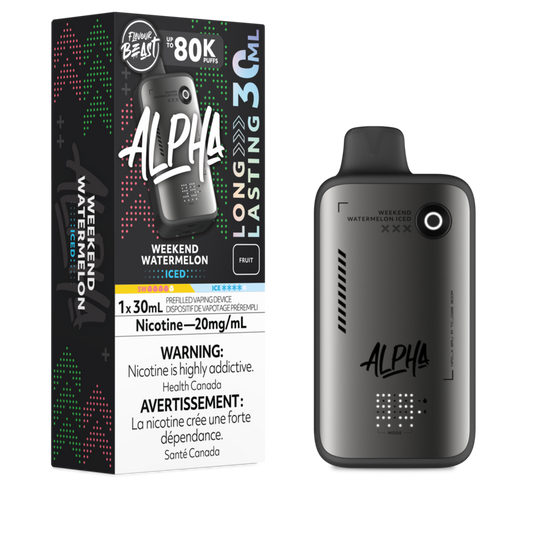 Alpha vape device with packaging on a white background